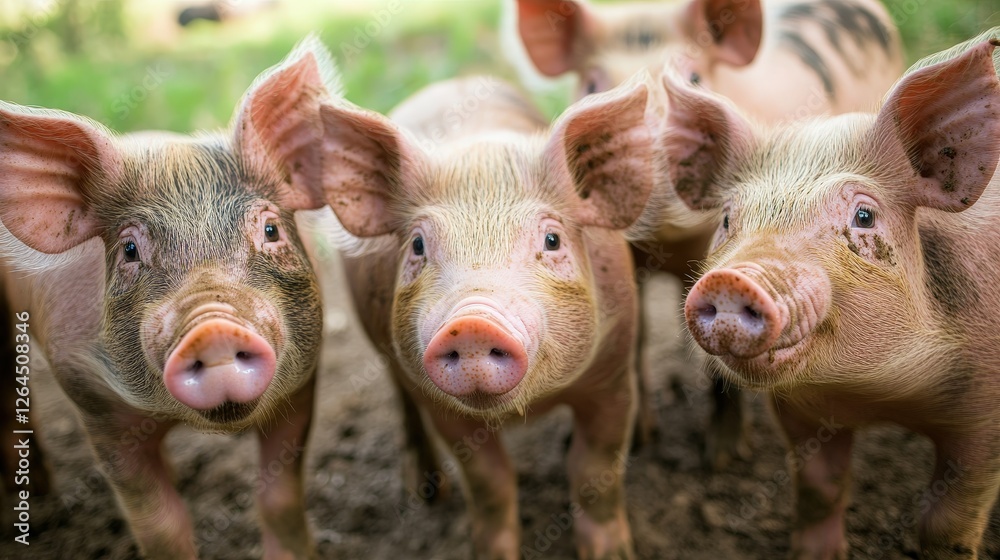 Three young piglets in a rural setting, looking curiously at the camera. Three young piglets in a rural setting, looking curiously at the camera.