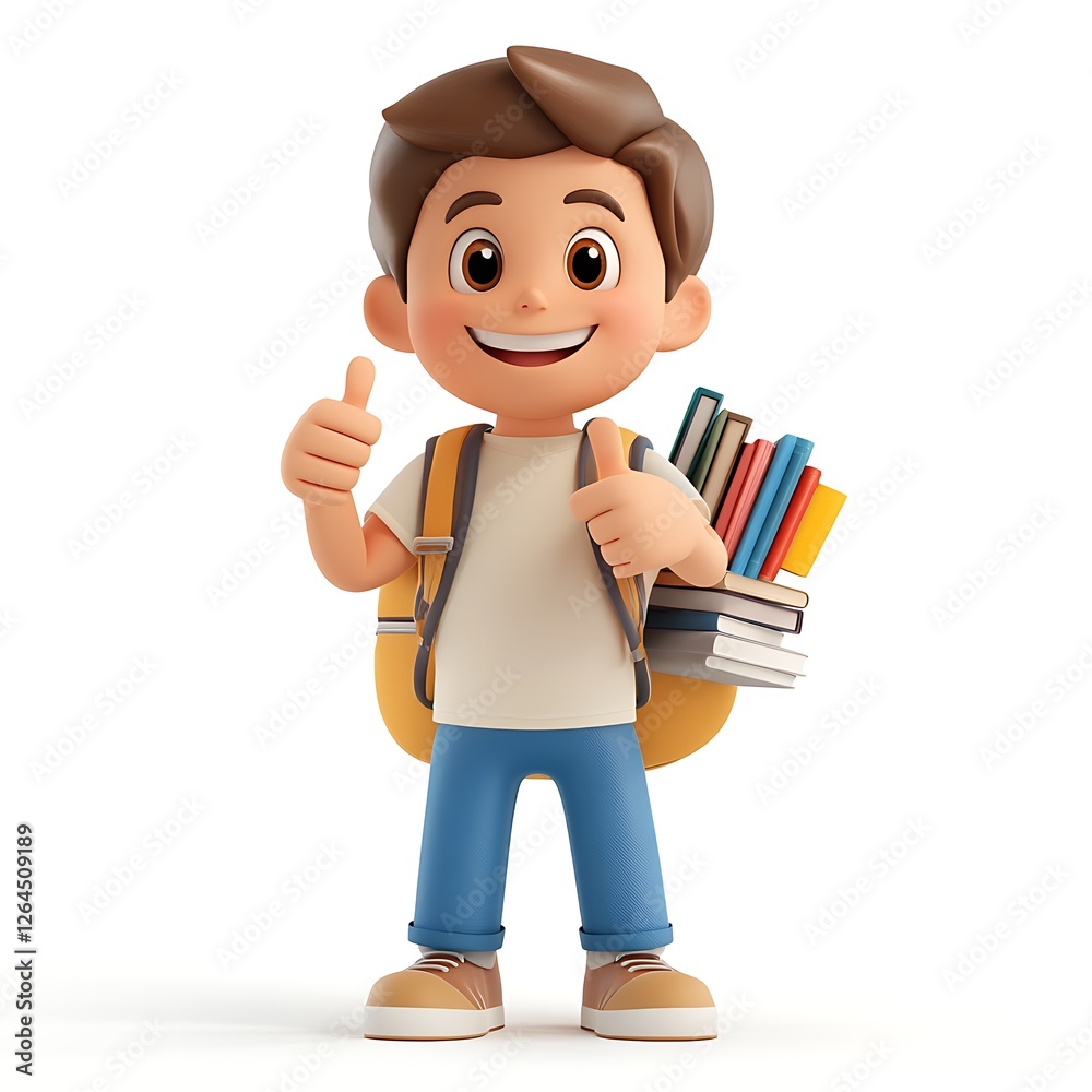 Happy Student 3D Render: A cheerful 3D-rendered cartoon boy, gives a double thumbs-up, while carrying a backpack and a stack of colorful books. He radiates positivity and enthusiasm for learning. Happy Student 3D Render: A cheerful 3D-rendered cartoon boy, gives a double thumbs-up, while carrying a backpack and a stack of colorful books. He radiates positivity and enthusiasm for learning.
