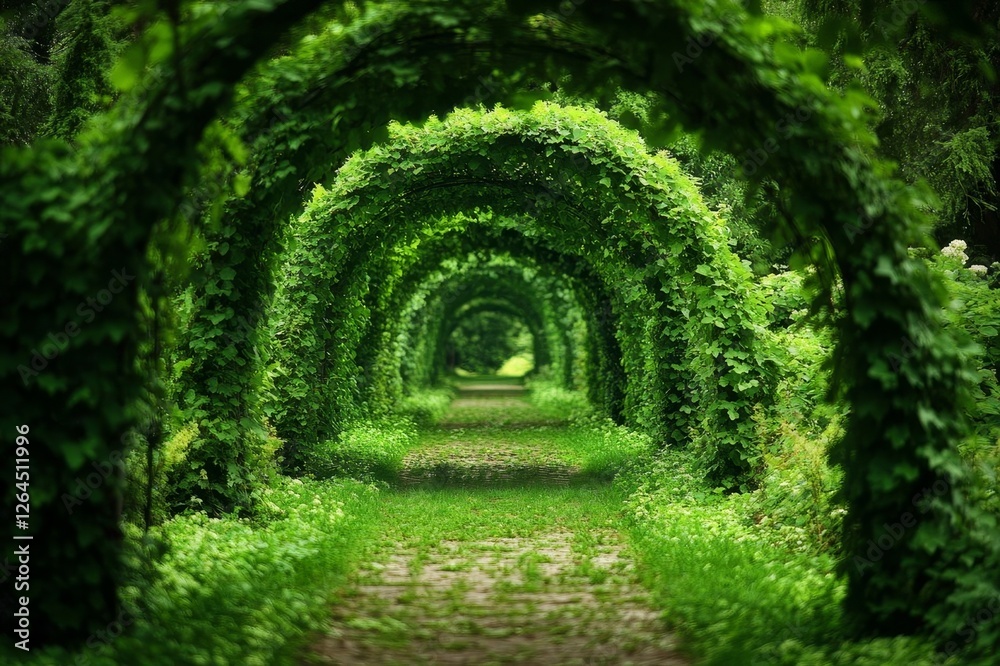 Vibrant green archways create a serene pathway in a lush garden during mid-summer Vibrant green archways create a serene pathway in a lush garden during mid-summer
