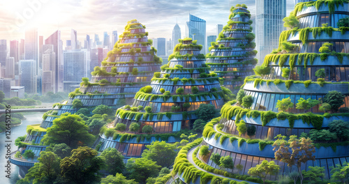 Lush vertical garden transforms an urban rooftop into green oasis. Blend of nature and modern architecture promotes sustainability, creating vibrant eco-friendly cityscape