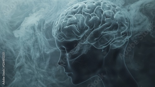 Neural connectivity Psyche Human brain wrapped in swirling mist representing deep thoughts contemplation and the mysterious nature of the human mind