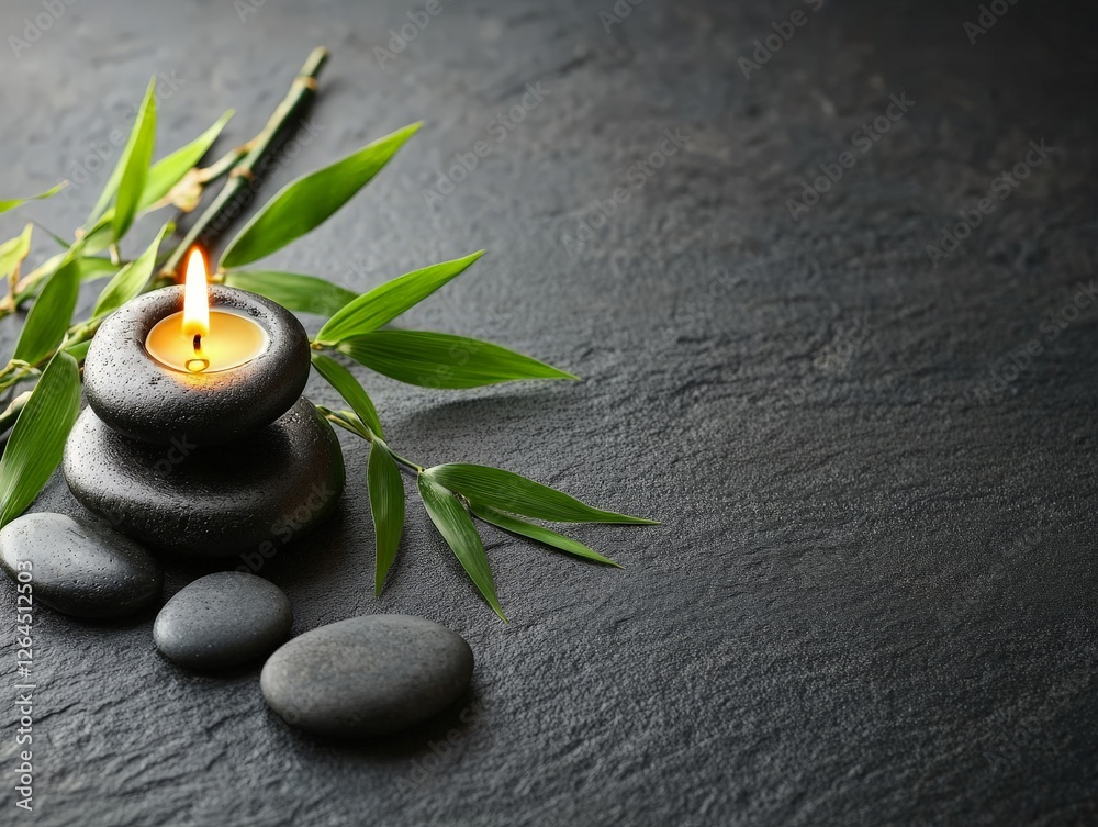Obraz premium Spa flat lay featuring a burning candle, bamboo leaves, and black stones on textured surface evoking calmness, mindfulness, and rejuvenation