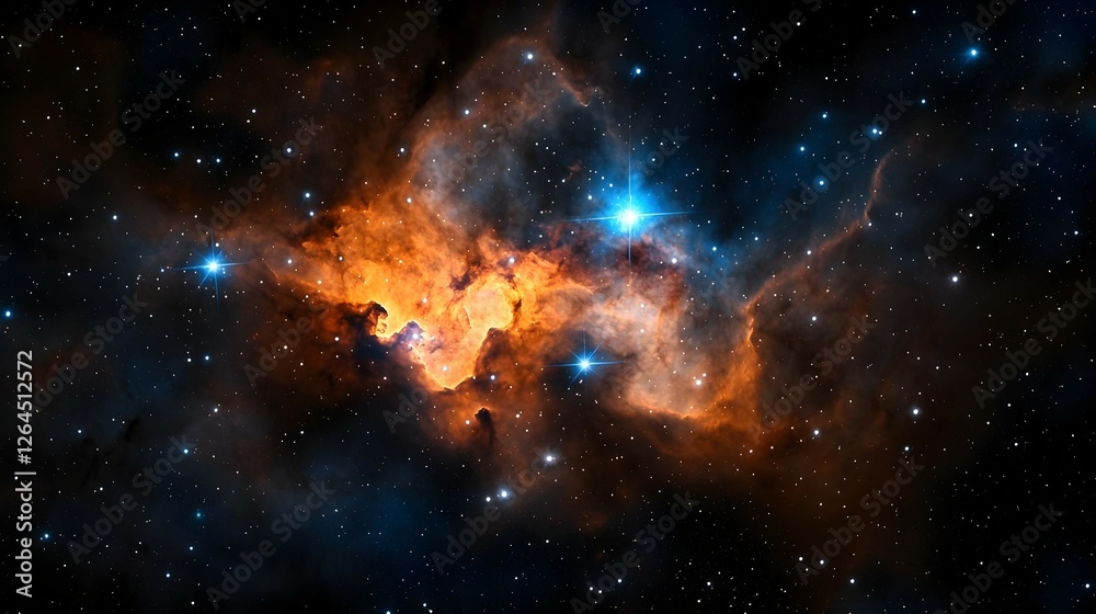 Fototapeta premium Cosmic Nebula with Orange and Blue Hues in Dark Space