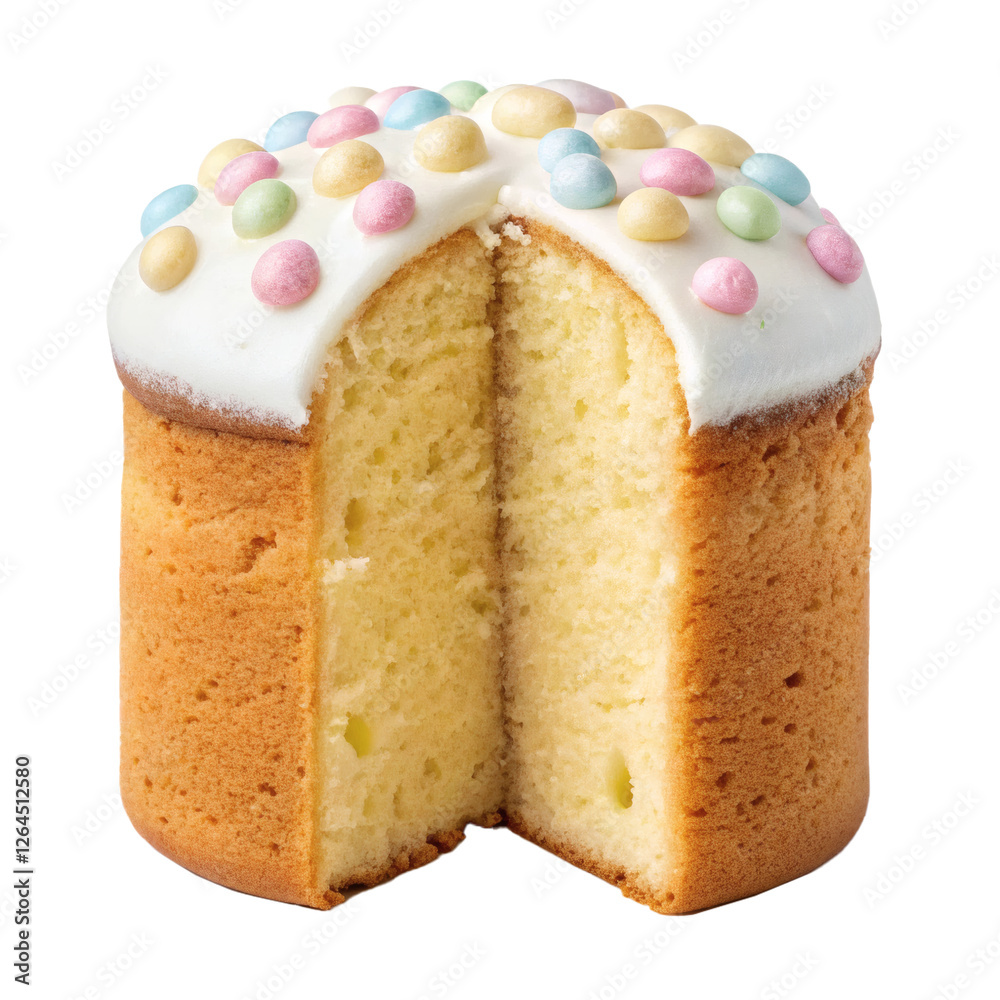 Sliced cupcake with white icing and colorful candy toppings, dessert and baked treats Sliced cupcake with white icing and colorful candy toppings, dessert and baked treats