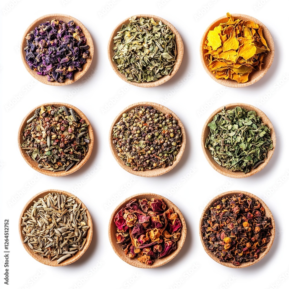 Fototapeta premium Dried Herbs and Spices Collection Aromatic Tea Ingredients Natural Herbal Blend Organic Food Photography Top View Wooden Bowls Culinary Background