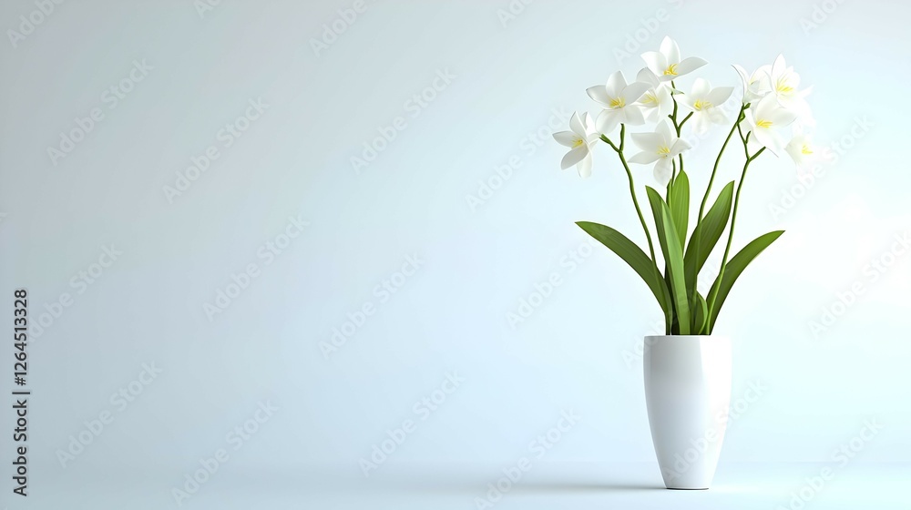 White Orchids in a White Vase on a Light Blue Background White Orchids in a White Vase on a Light Blue Background