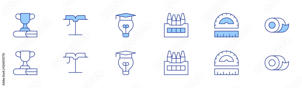 School icon set in two styles, Duotone and Thin Line style. Editable stroke. award, education, ruler, book, crayons, scotch School icon set in two styles, Duotone and Thin Line style. Editable stroke. award, education, ruler, book, crayons, scotch