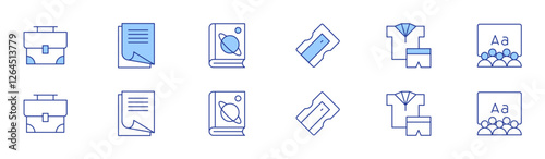 School icon set in two styles, Duotone and Thin Line style. Editable stroke. briefcase, astronomy, uniform, paper, pencil sharpener, class