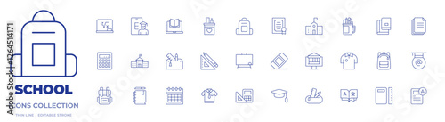 School icons collection. Thin Line icons, editable stroke. backpack, board, calculator, diary, elementary school, graduation, online learning, schedule