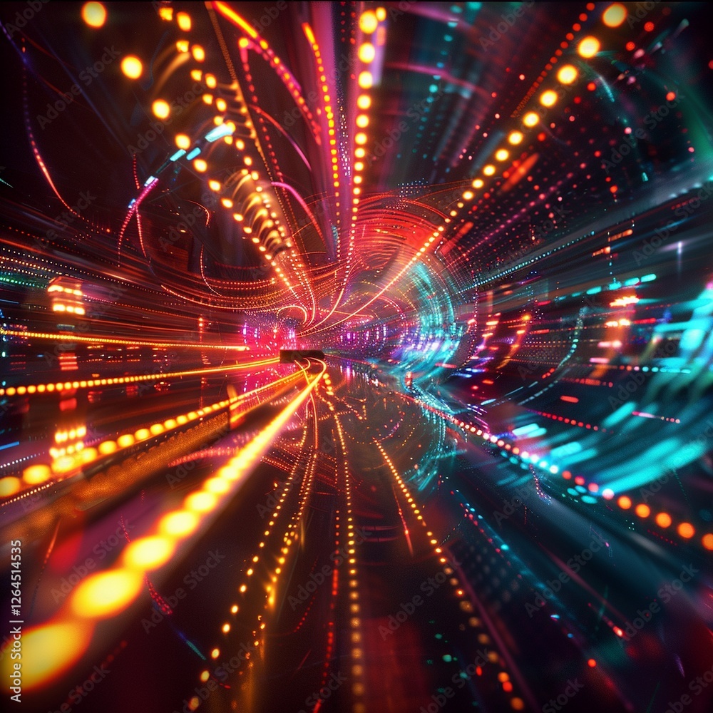 Naklejka premium Light trails with curve distortion and perspective angle on cyberpunk abstract background.