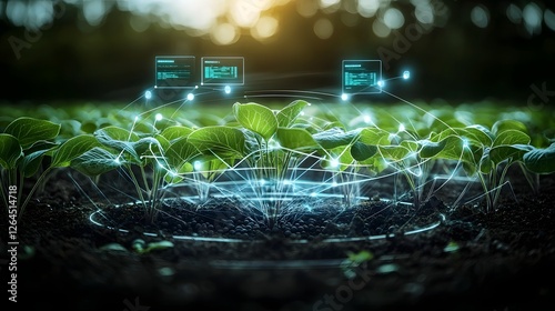 Futuristic smart greenhouse with rows of flourishing soybean plants under advanced automated precision farming technology  The environment is illuminated with lighting