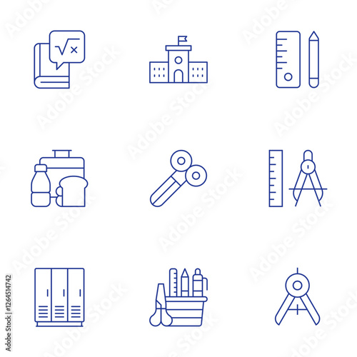 School icons set. Thin Line style, editable stroke. compass, school material, lunchbox, scissors, school locker, stationery, maths, secondary