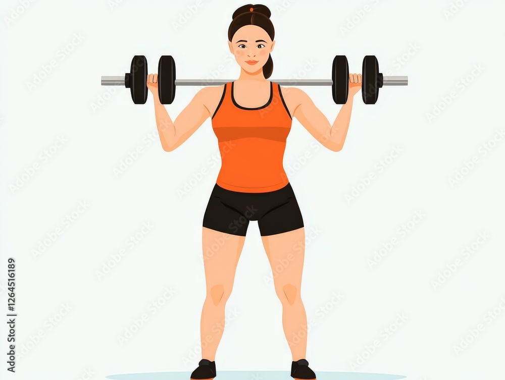 Obraz premium Athletic woman in orange top performing barbell squat, showcasing strength, fitness determination, and dedication to health and active lifestyles in vivid imagery