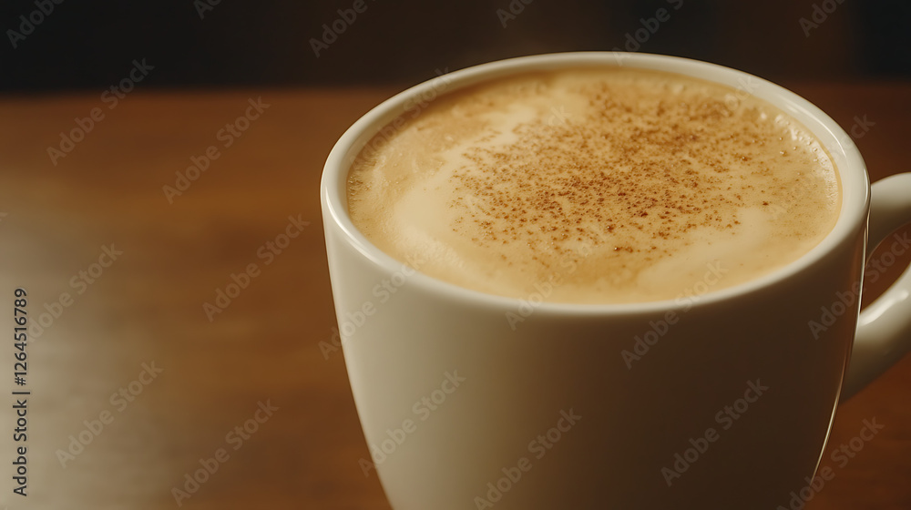 Frothy Cappuccino Coffee Beverage with Cinnamon Topping in White Mug on Wooden Table Surface Frothy Cappuccino Coffee Beverage with Cinnamon Topping in White Mug on Wooden Table Surface