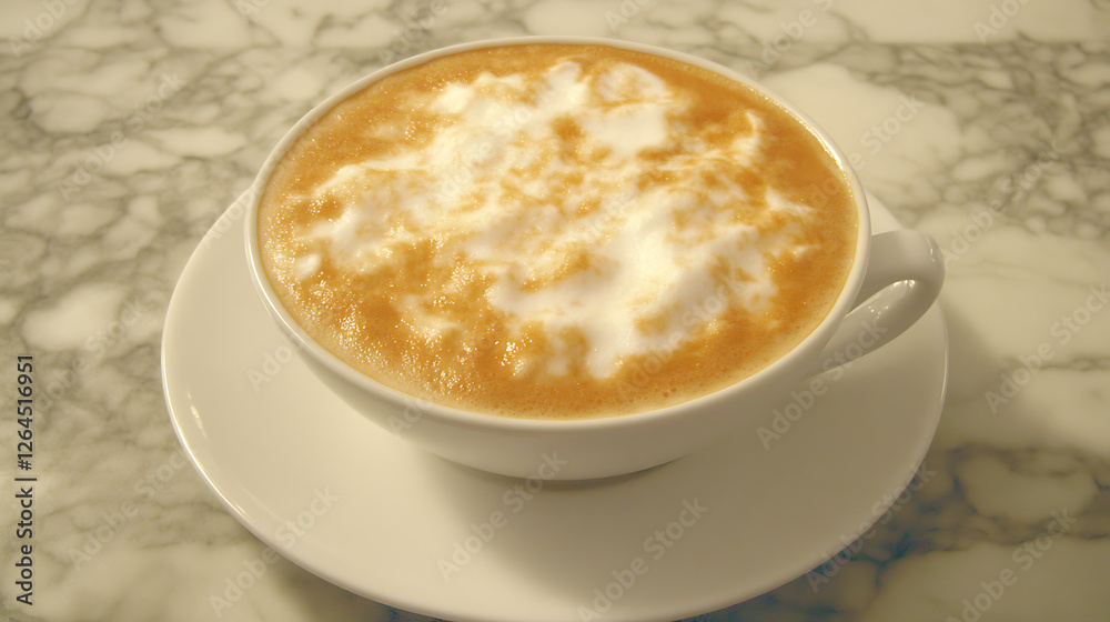 Frothy Coffee Creation in White Ceramic Cup on Marble Surface a Simple Beverage Pleasure Moment Frothy Coffee Creation in White Ceramic Cup on Marble Surface a Simple Beverage Pleasure Moment