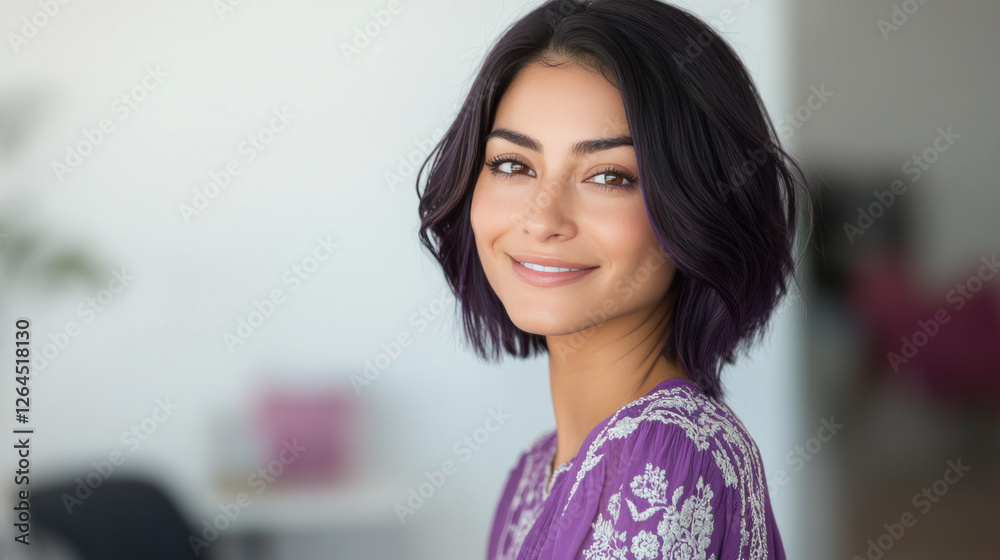 Purple hair spa and beauty care receptionist woman in purple dress smiling at lobby front desk Purple hair spa and beauty care receptionist woman in purple dress smiling at lobby front desk