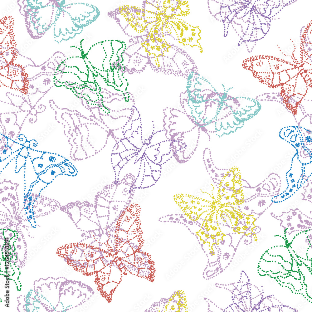 Fototapeta premium Seamless texture with colorful minimalistic butterflies. Illustration with dots, pointillism. Packaging and textile design