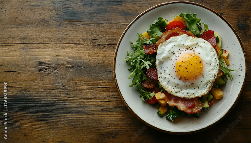 Fried Egg and Bacon on plate for breakfast and cup of coffee on wooden background, copy space. Keto breakfast with egg, vegetables and bacon top view Fried Egg and Bacon on plate for breakfast and cup of coffee on wooden background, copy space. Keto breakfast with egg, vegetables and bacon top view