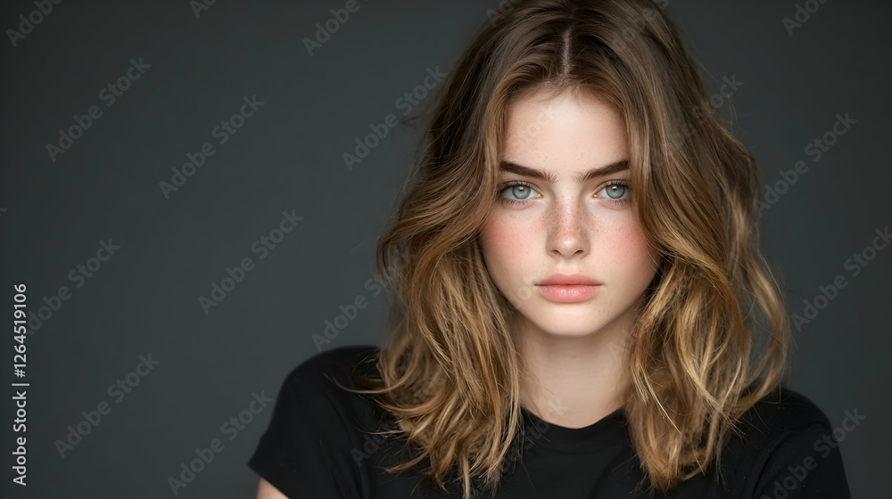 Teen girl portrait, studio shot, neutral background, beauty