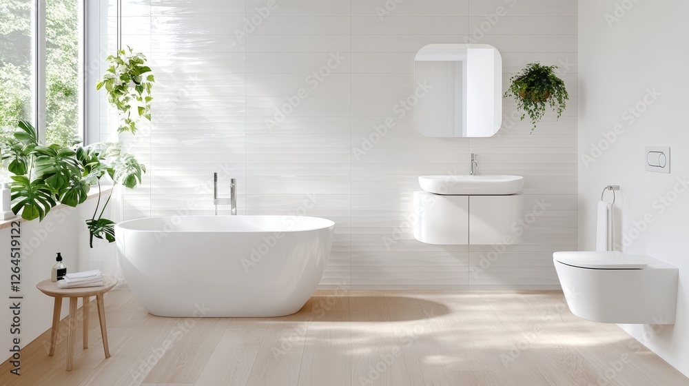 Fototapeta premium Minimalist modern bathroom with white fixtures and green plants