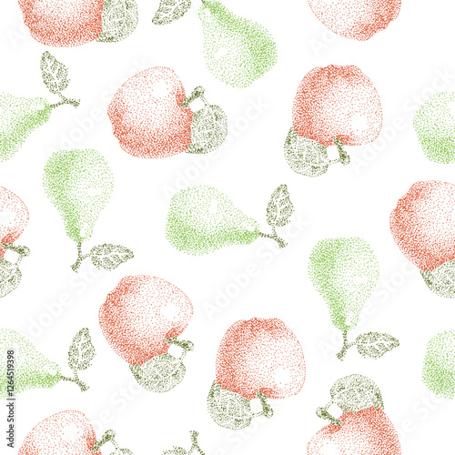 Seamless pattern with pears and apples. Pointillism. Illustration with colored dots. Packaging or wrapping paper design