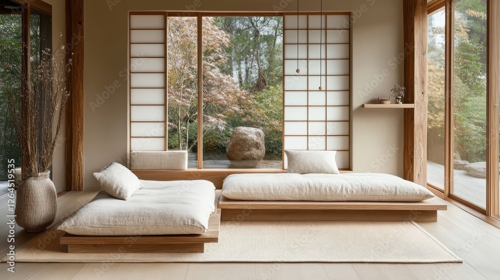 Fototapeta premium Minimalist japanese room with floor beds and natural light