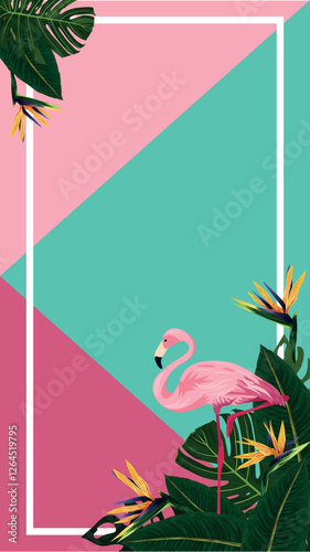 Vertical background with flamingos and a white border. Pink flamingo, royal strelitzia, tropical leaves, monstera. Vector illustration for design and web.