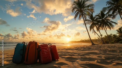 Colorful backpacks resting on sandy beach at sunset, with palm trees and ocean waves in background