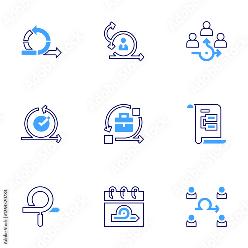 Scrum icon set. Bold line style. Duotone colors. Editable stroke. agile, scrum, agile team, iteration, search, calendar, sprint