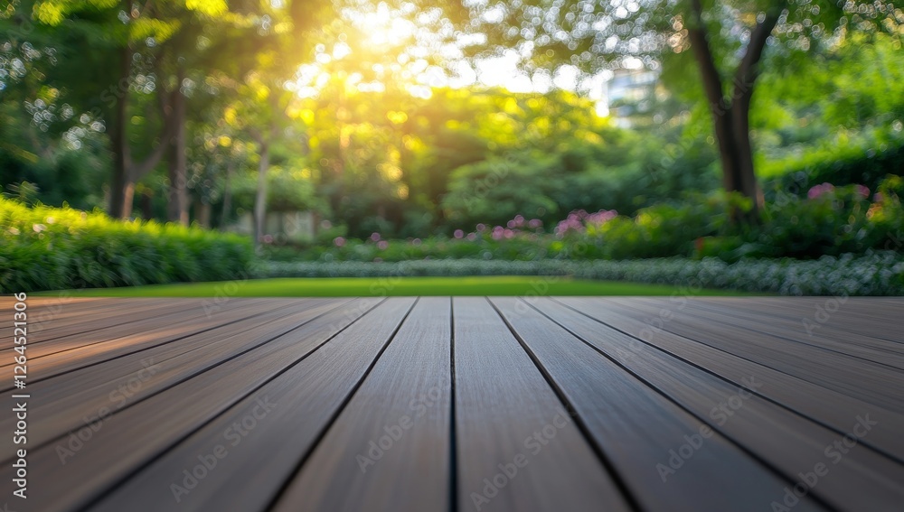 Fototapeta premium Wooden Floor Surrounded by Lush Greenery with Sunlight Filtering Through Trees
