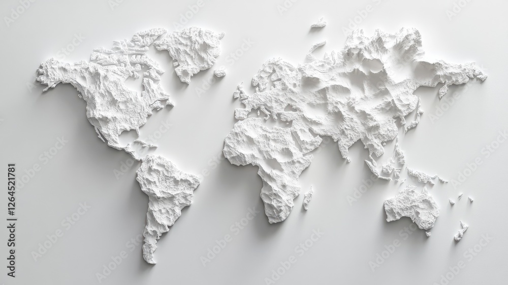 Obraz premium 3D World Map, Intricate white 3D world map with detailed textures and shadows, Global Representation.