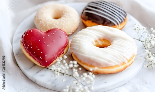 four uniquely designed donuts arranged on a white marble plate with subtle grey stripes, Generative AI photo