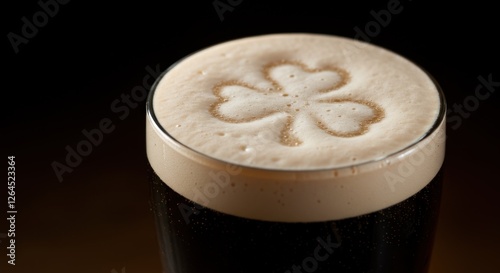 Dark stout beer with shamrock foam design in glass