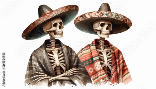 Two skeletons wearing sombreros and traditional ponchos. Hand-drawn illustration. Mexican culture and Day of the Dead concept