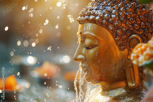 Buddha statue washing ritual during Songkran festival photo