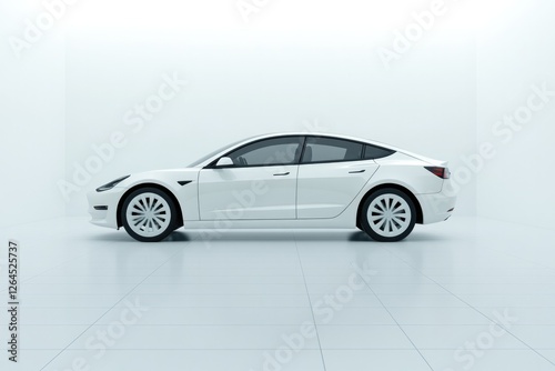 Sleek white electric sedan showcased in minimalistic, bright env