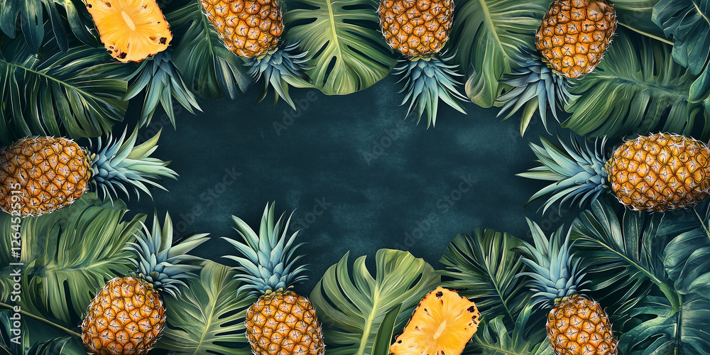 Fototapeta premium Draufsicht auf einen Rahmen mit Ananas und mit Platz für Text in der Mitte - Werbeschild - Flyer