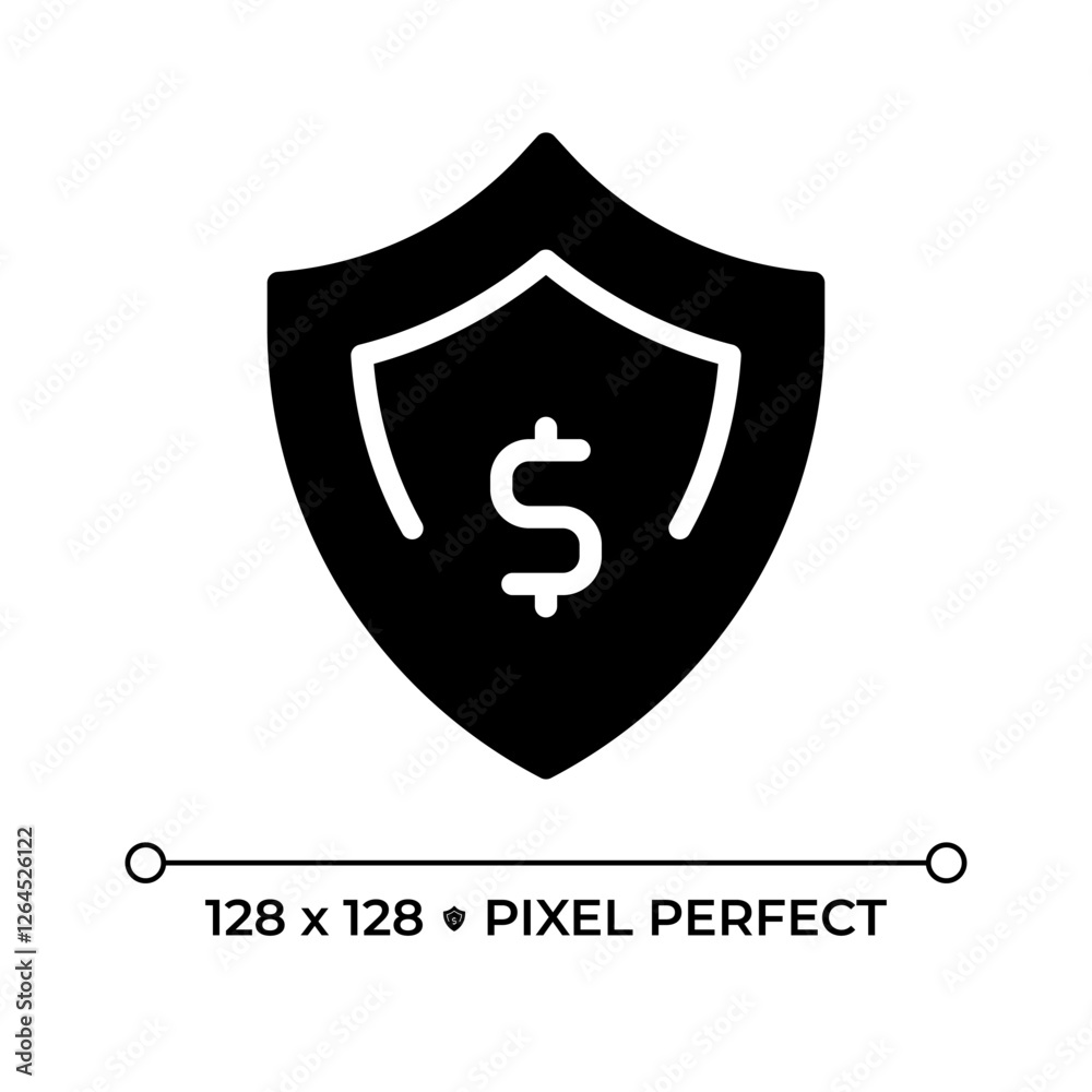 Financial cushion pixel perfect black glyph icon. Savings account. Economical security, insurance. Shield, protection. Silhouette symbol on white space. Solid pictogram. Vector isolated illustration Financial cushion pixel perfect black glyph icon. Savings account. Economical security, insurance. Shield, protection. Silhouette symbol on white space. Solid pictogram. Vector isolated illustration