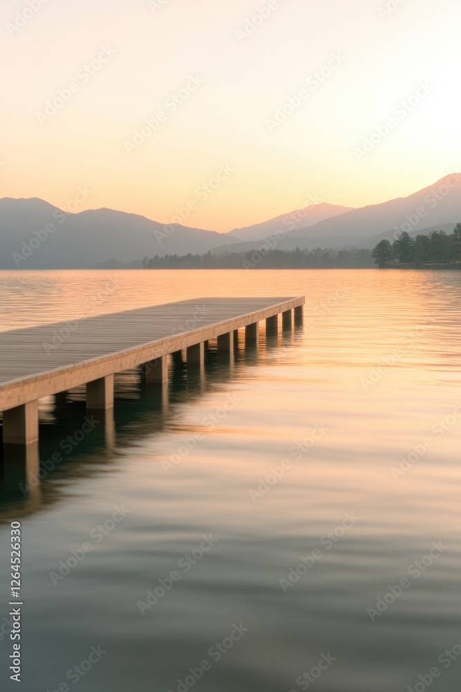 Fototapeta premium Calm waters reflect soft hues at sunset, creating serene lakesid