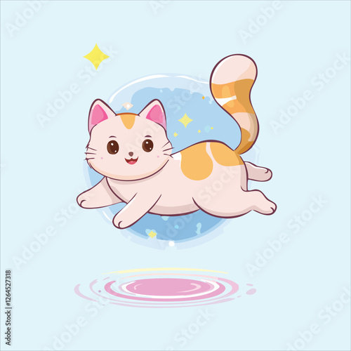 Cute floating cat levitating with a magical glow around
