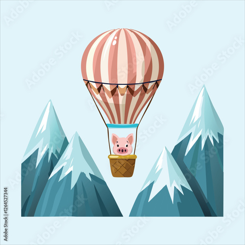 pig in a hot air balloon floating over a snowy mountain range