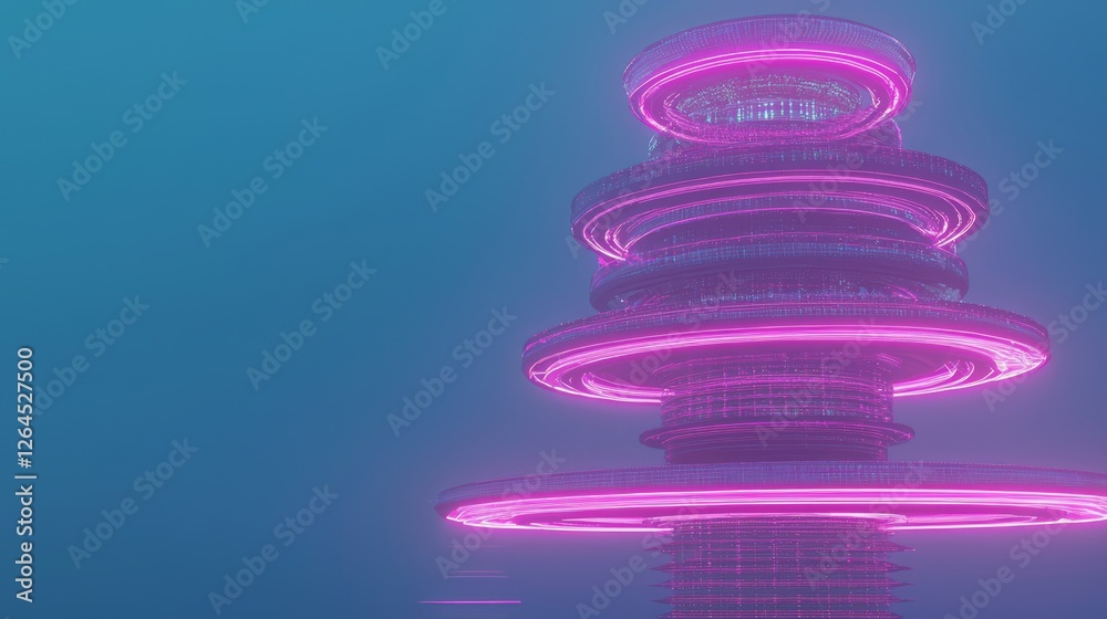 Futuristic Rotating Disk Tower with Neon Outlines in Space-Age Architecture Futuristic Rotating Disk Tower with Neon Outlines in Space-Age Architecture