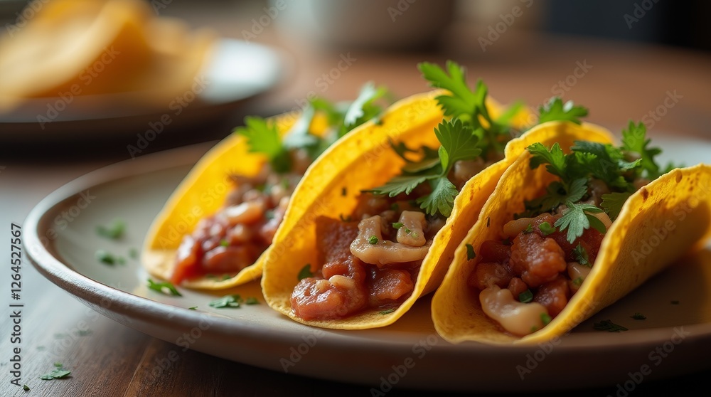 Hard shell tacos with beans, tomato sauce, melted cheese, and fresh cilantro on a plate, close-up shot Hard shell tacos with beans, tomato sauce, melted cheese, and fresh cilantro on a plate, close-up shot