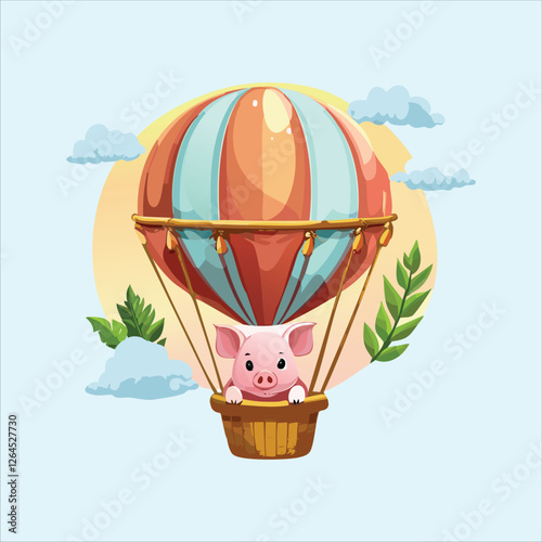 pig piloting a hot air balloon with fluffy clouds around it