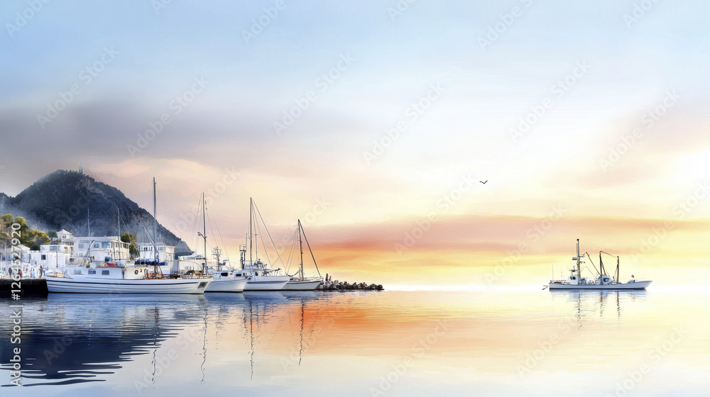 Serene harbor scene with boats at sunset, reflecting calm waters and soft colors Serene harbor scene with boats at sunset, reflecting calm waters and soft colors