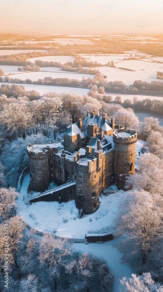 A stunning aerial view of a snow-covered castle surrounded by a winter wonderland. The serene beauty captivates with tranquil vibes and historical elegance. Generative AI A stunning aerial view of a snow-covered castle surrounded by a winter wonderland. The serene beauty captivates with tranquil vibes and historical elegance. Generative AI