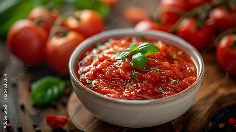 This vibrant image showcases a bowl of homemade tomato sauce garnished with basil, surrounded by fresh tomatoes, highlighting the essence of simple culinary pleasures. This vibrant image showcases a bowl of homemade tomato sauce garnished with basil, surrounded by fresh tomatoes, highlighting the essence of simple culinary pleasures.