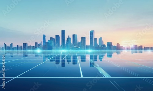 Modern City Skyline Reflected on Futuristic Glass Surface Under a Soft Sunrise Glow
