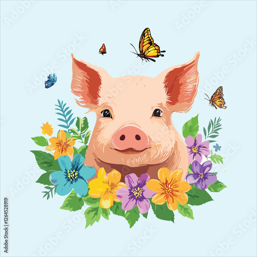 pig wearing a flower garland, blending with the flowers in a field