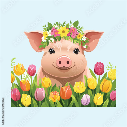 pig wearing a flower garland, blending with the flowers in a field